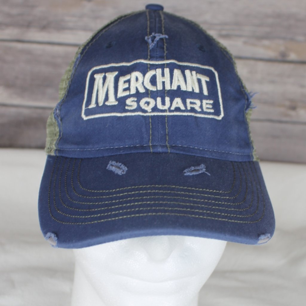 Sportsman Merchant Square Blue  Gray Mesh Back Baseball Cap Hat Canvas Distress